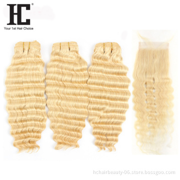 613 Blonde Virgin Hair Vendors Raw Indian Hair Unprocessed Virgin Hair New Style Deep Wave Bundles With Closure